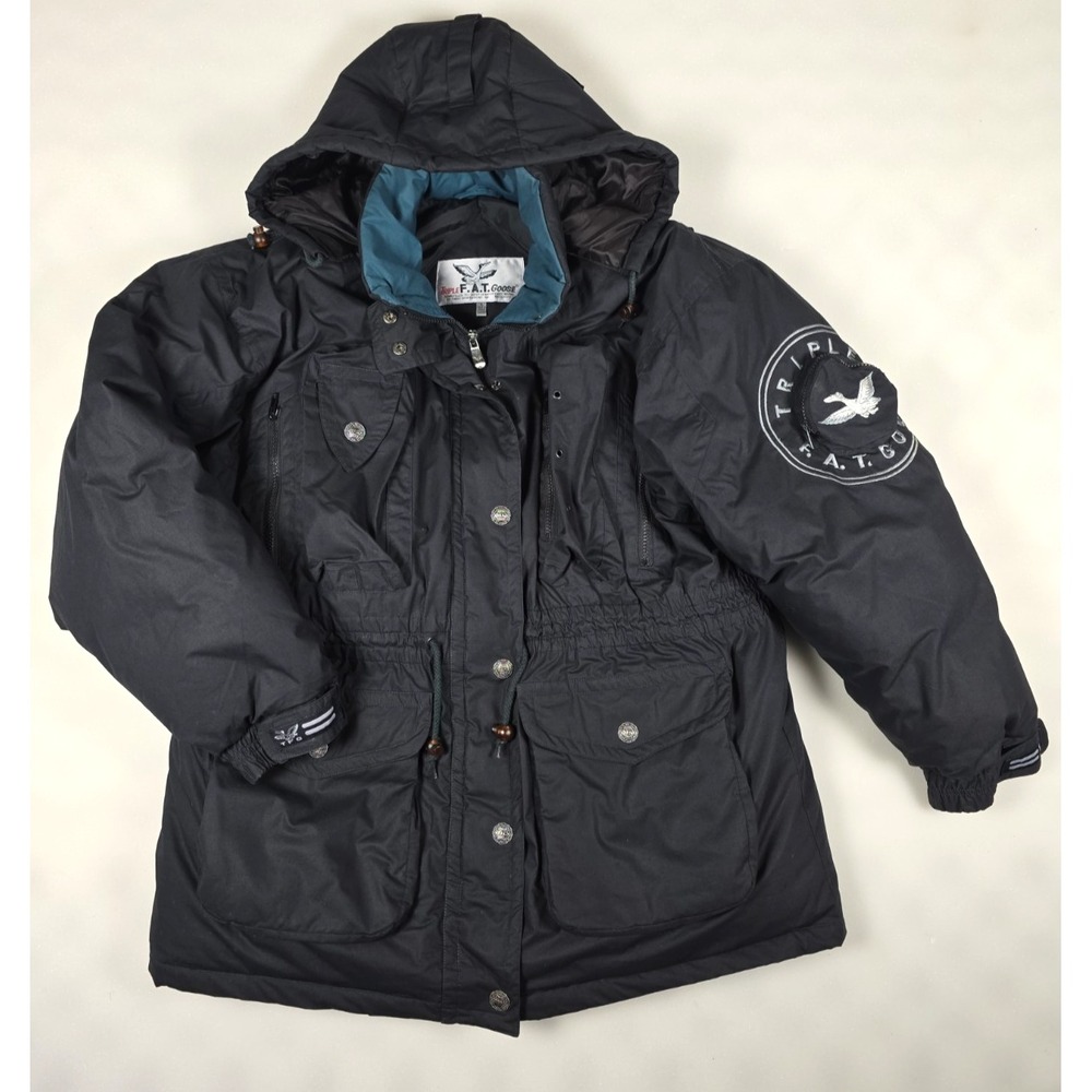 VINTAGE Womens XL Triple Fat Goose  Genuine Down Parka Jacket Black  23.5" Pit